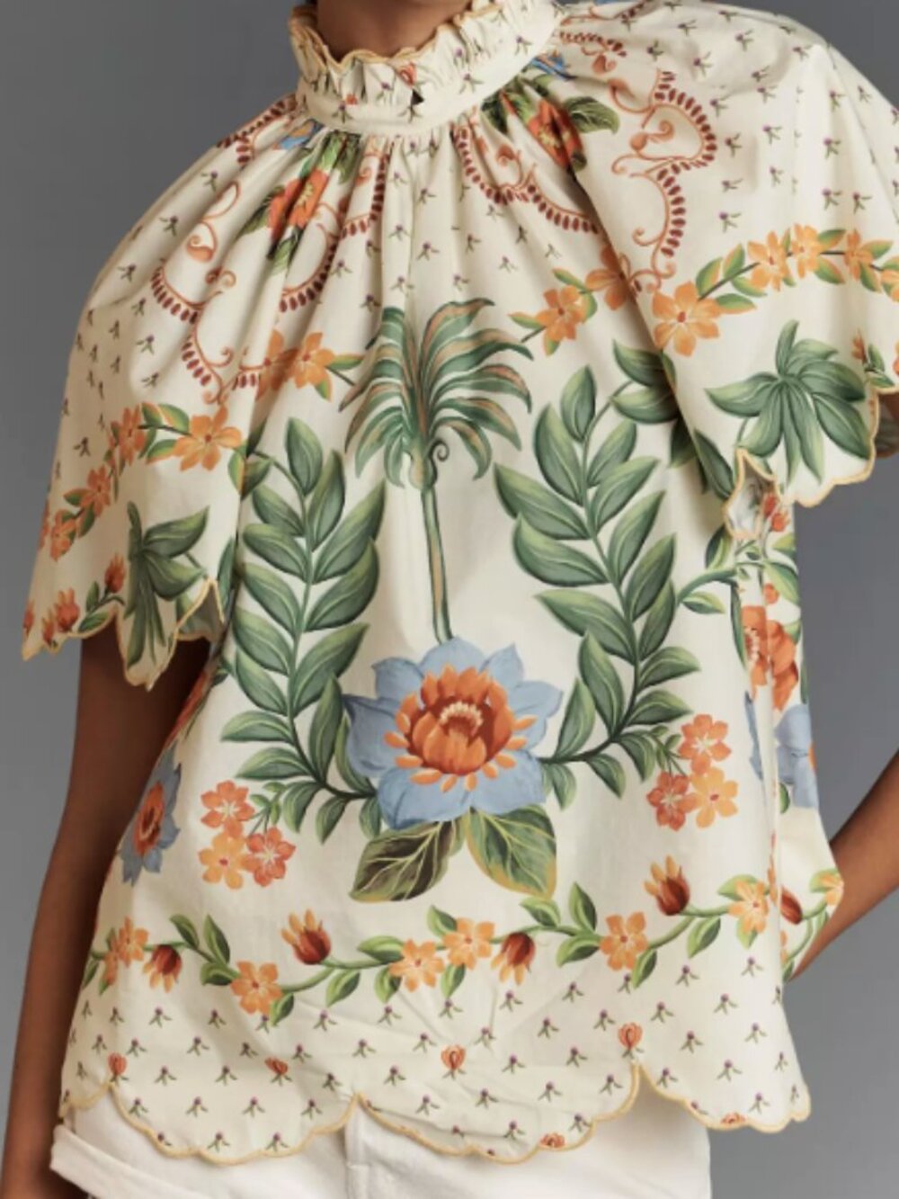 Farm Rio Short-Sleeve High-Neck Printed Blouse